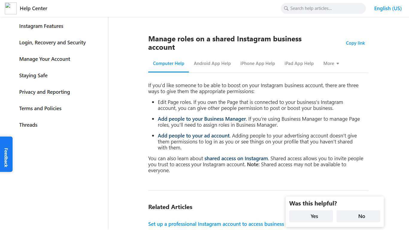 Manage roles on a shared Instagram business account Instagram Help Center